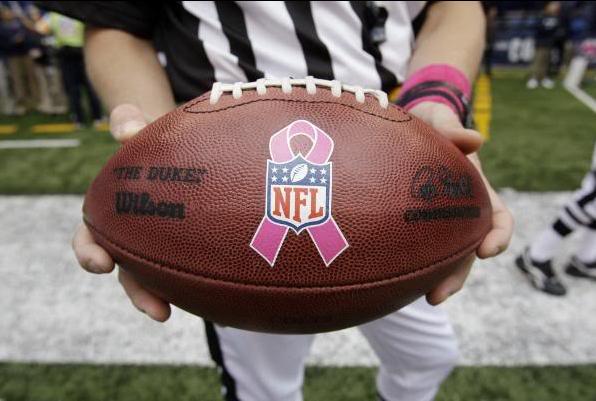 football with pink breast cancer ribbon and NFL logo