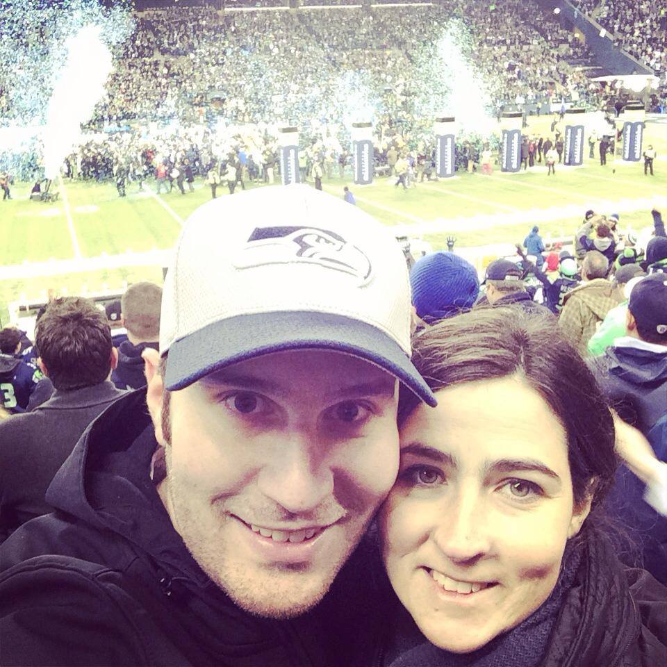 Aaron Blank, his wife, Lacey Yantis, at the NFC Championship game in Seattle.