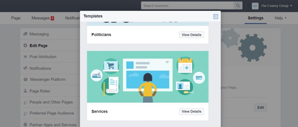Select a new template for your business' Facebook page