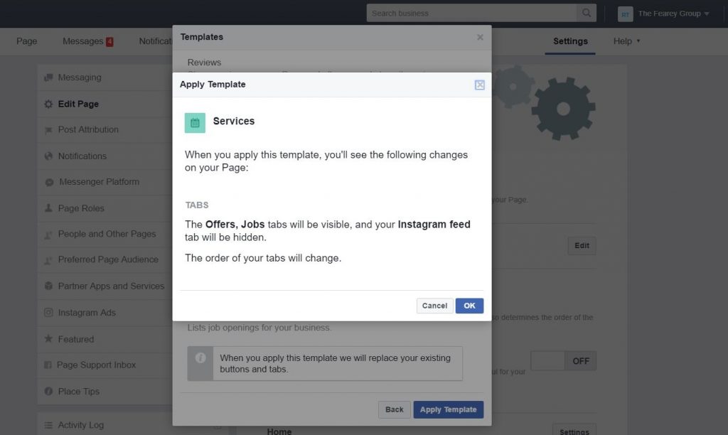 How to switch your Facebook business page template - apply the template