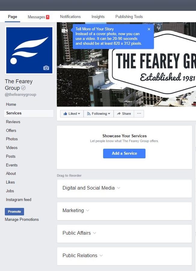 The Fearey Group Facebook Services Template Page - Adding Services