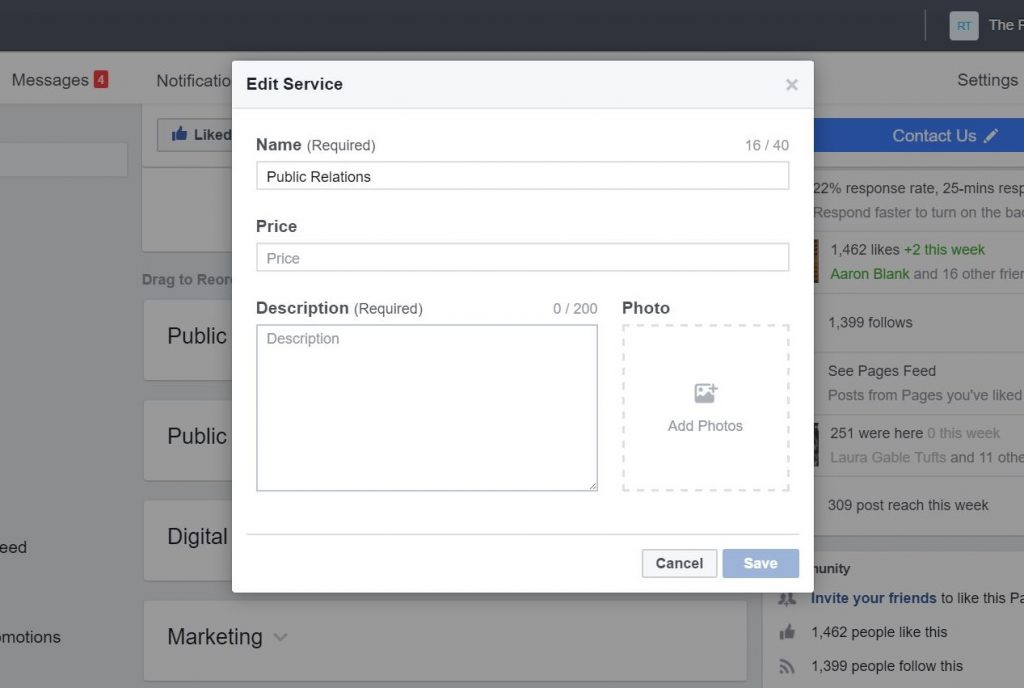 Add new services to your Facebook business page template