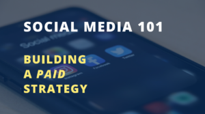 Opaque blue-gray image with yellow text that reads "Social Media 101 - Building a Paid Strategy"